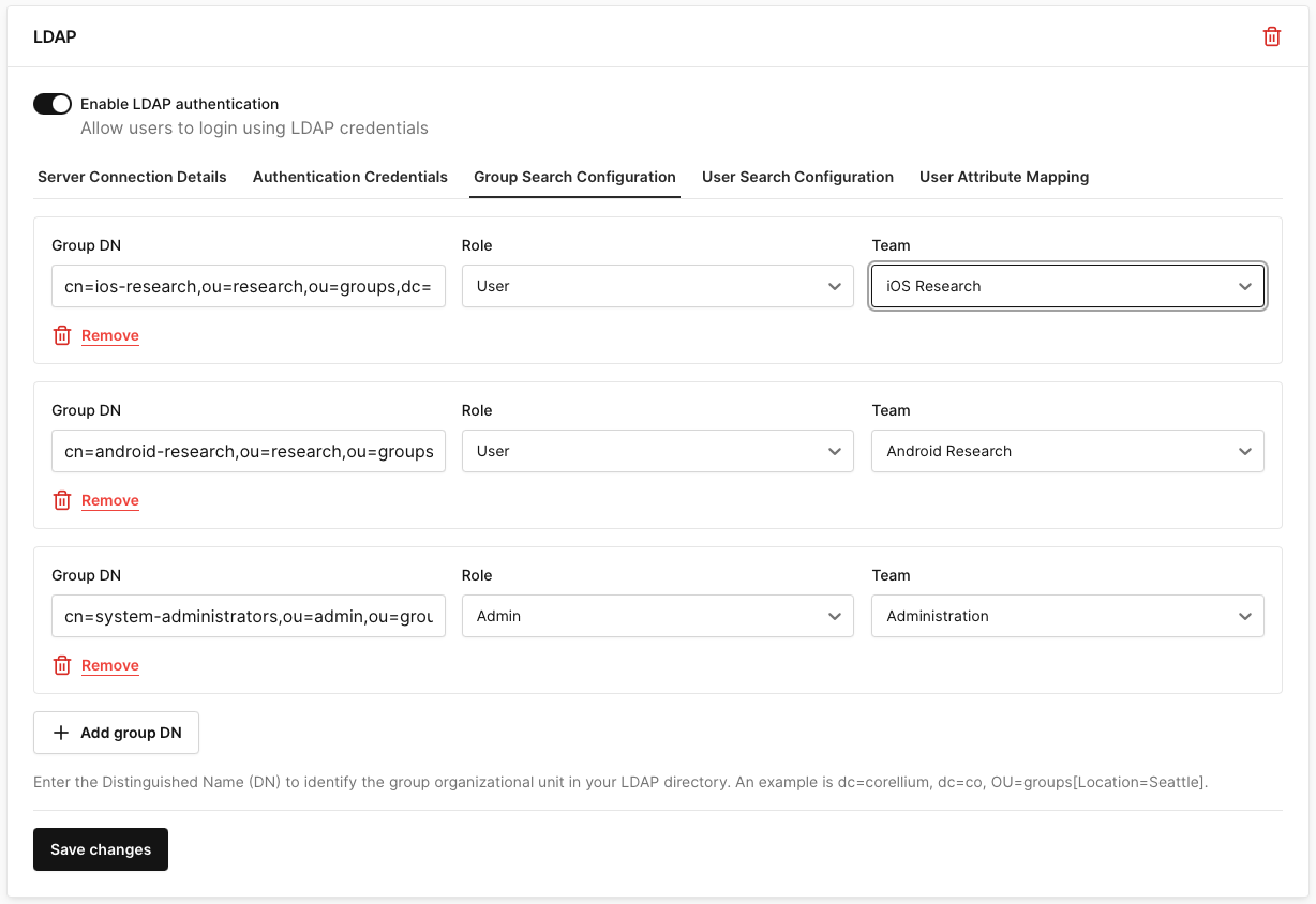 LDAP group search configurations