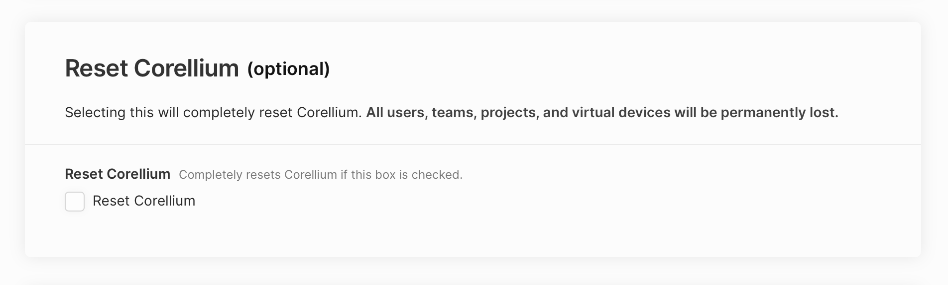 Ensure that the Reset Corellium button is not checked