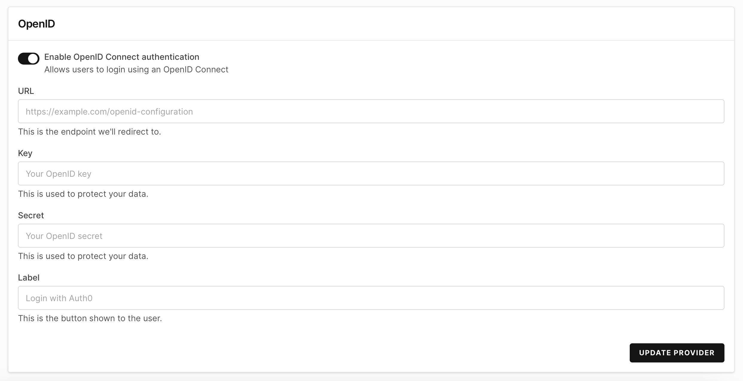 Add the URL, key and secret