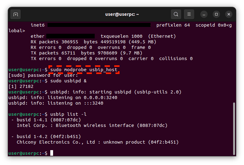 Load the USBIP host kernel package